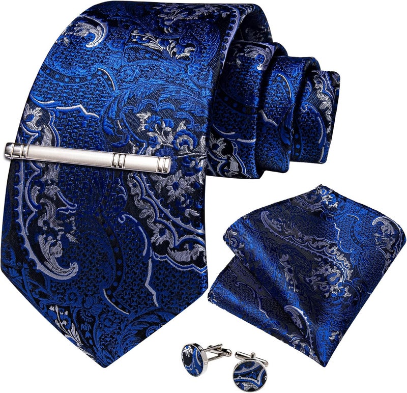 DiBanGu Paisley Ties for Men Silk Necktie and Pocket Square Cufflinks Tie Clip Set Woven Classic Mens Tie for Wedding Party - Image 3